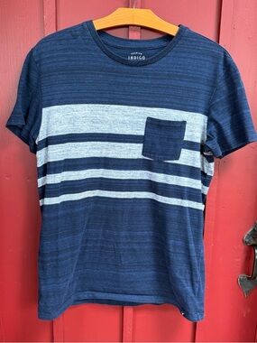 American Eagle Outfitters Navy and Light Gray Striped Pocket Tee